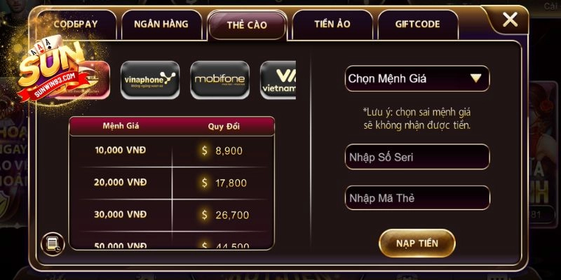 Cách Nạp Tiền Sunwin Qua Thẻ Cào
