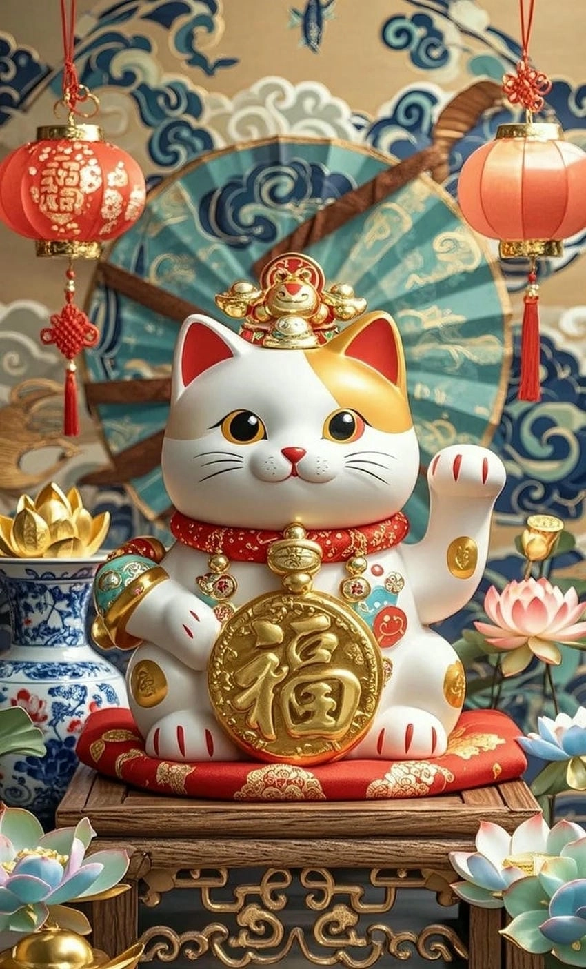 Nền mèo thần tài đỏ tươi thu hút tài vận