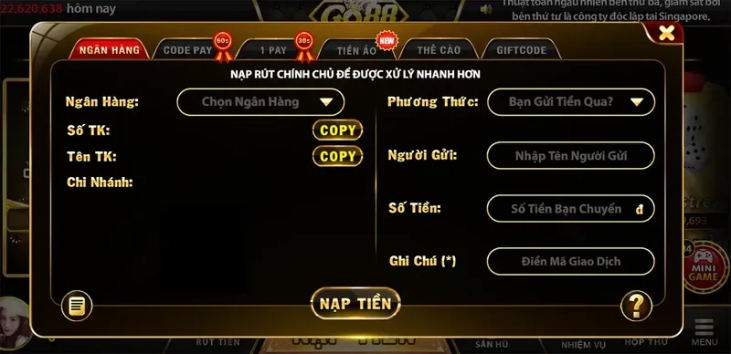  Nạp tiền nhanh chóng tại nhà cái Biendo88 với nhiều phương thức.