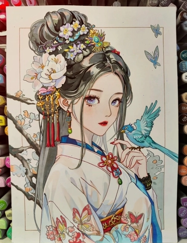 Anime cổ trang với không khí huyền bí, sử dụng màu sắc tương phản