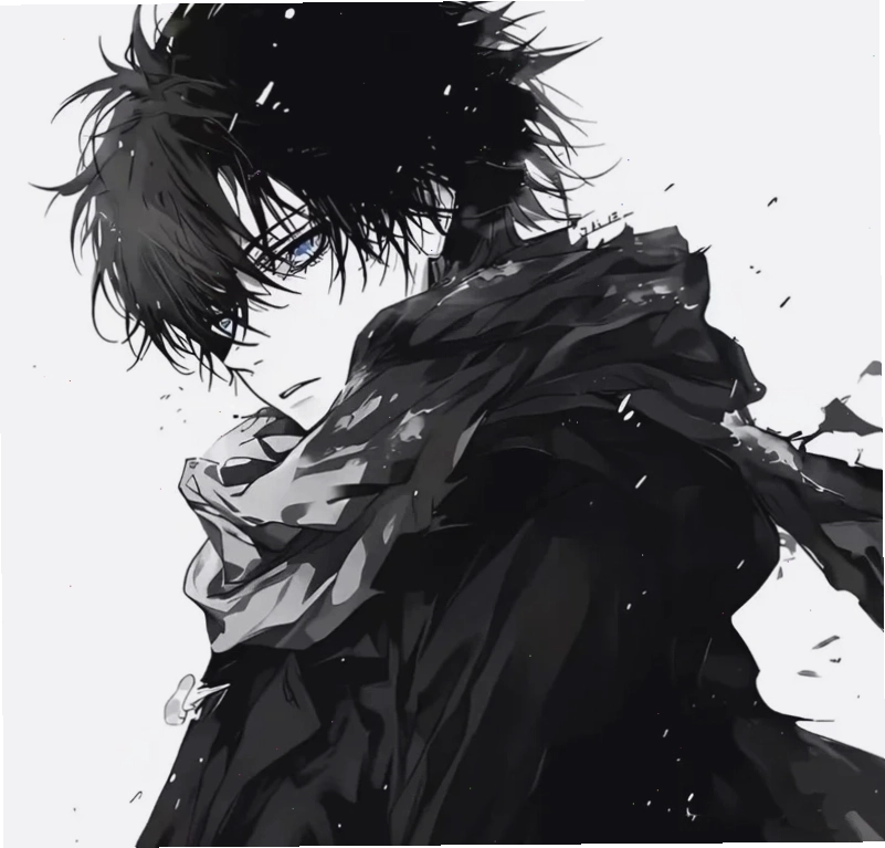 Anime nam đen trắng với nét mặt dịu dàng, đáng yêu