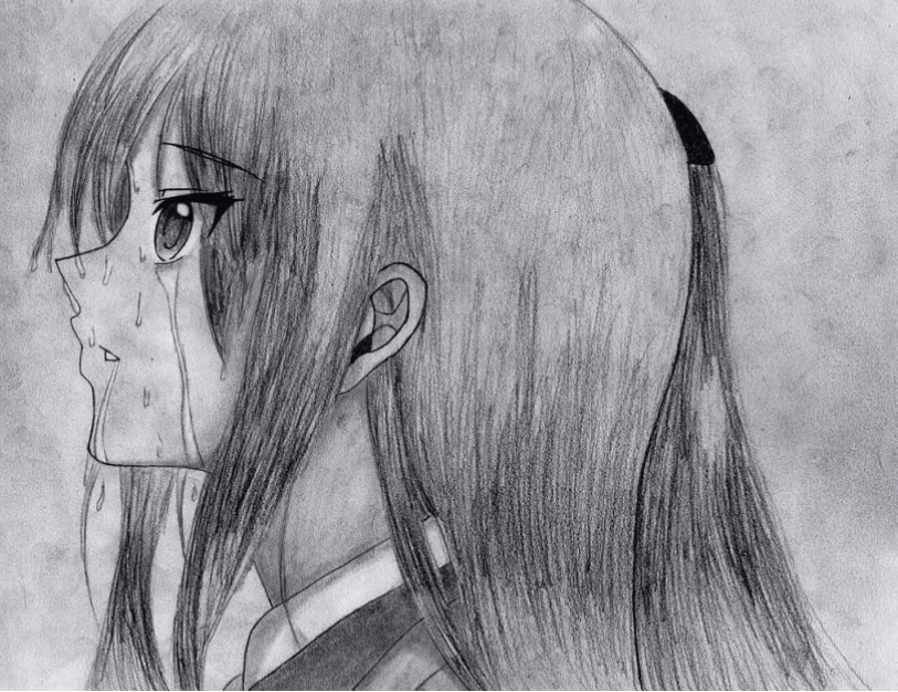 Bức vẽ cô gái anime đang khóc, biểu cảm đầy bi thương