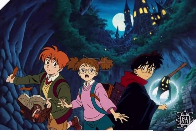Cảnh tương tác giữa các nhân vật Harry Potter trong phong cách anime