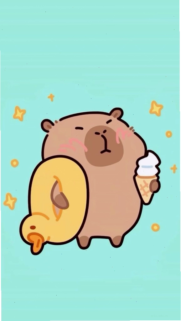 Capybara cõng vịt vàng với biểu cảm vô tri trên nền xanh