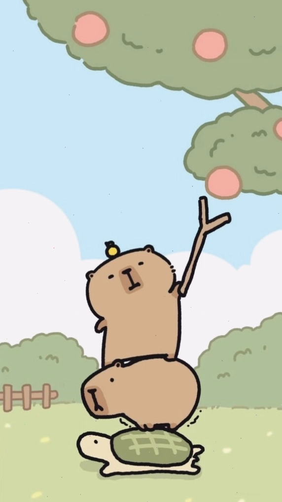 Capybara xếp chồng lên rùa hái quả