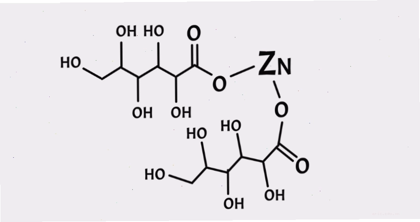 Cấu trúc phân tử hóa học của zinc gluconate minh họa liên kết giữa kẽm và gluconat.