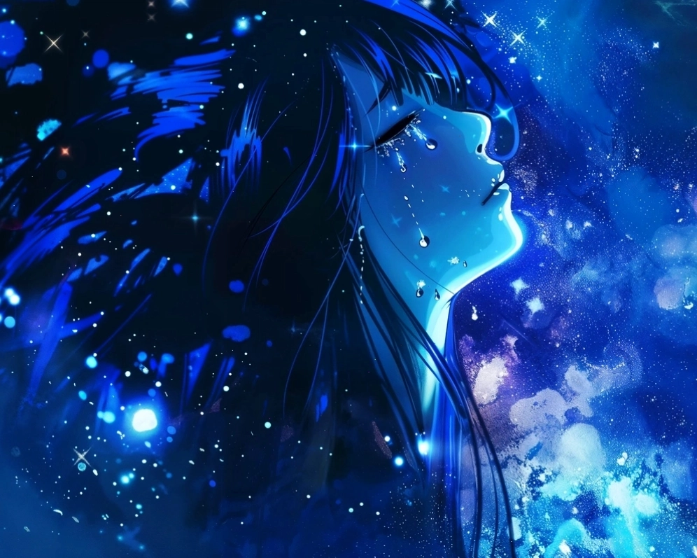 Chàng trai anime ngồi một mình trên ghế đá trong công viên