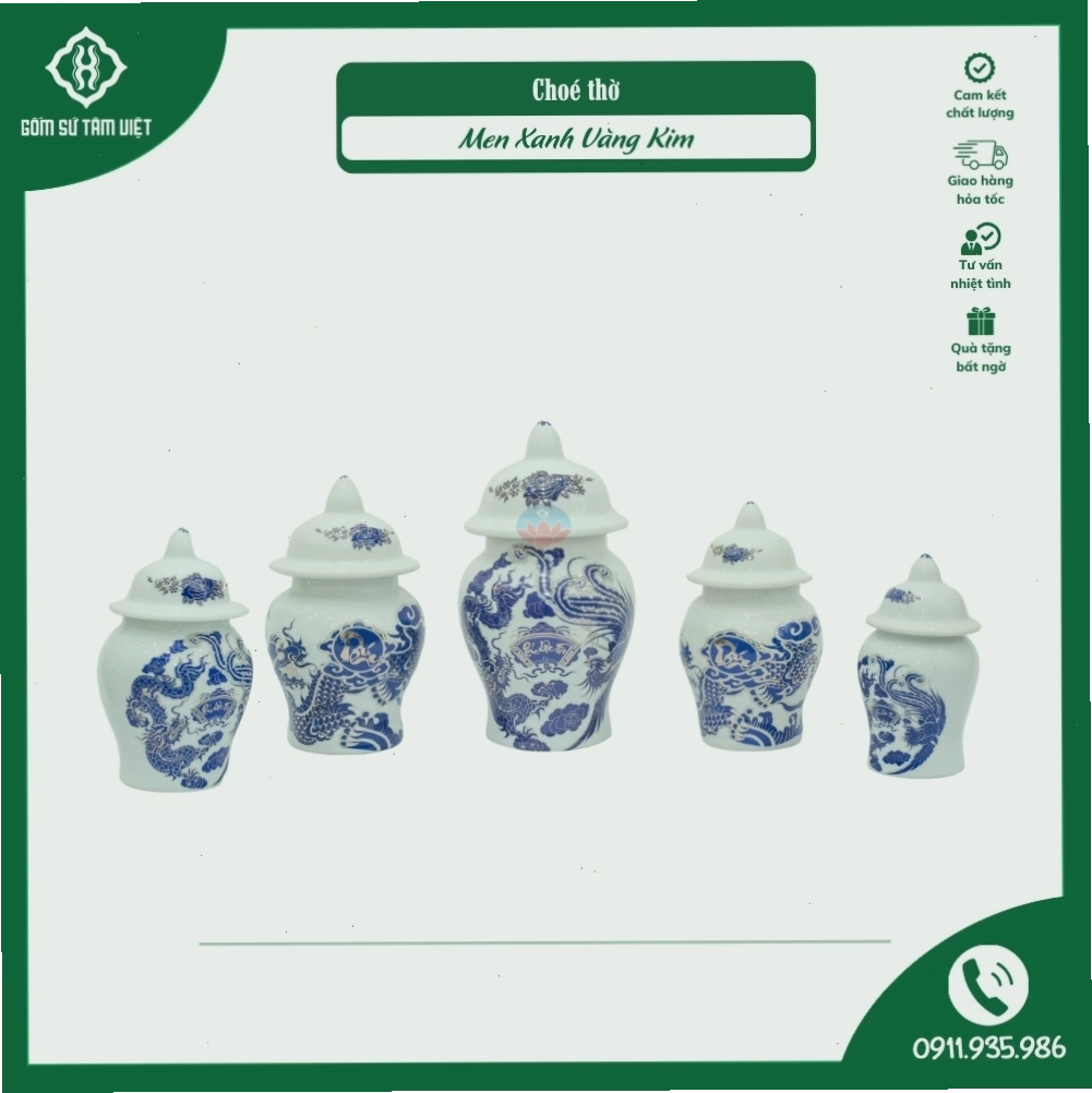 Chóe Thờ sứ Bát Tràng men xanh kim cao cấp vẽ rồng