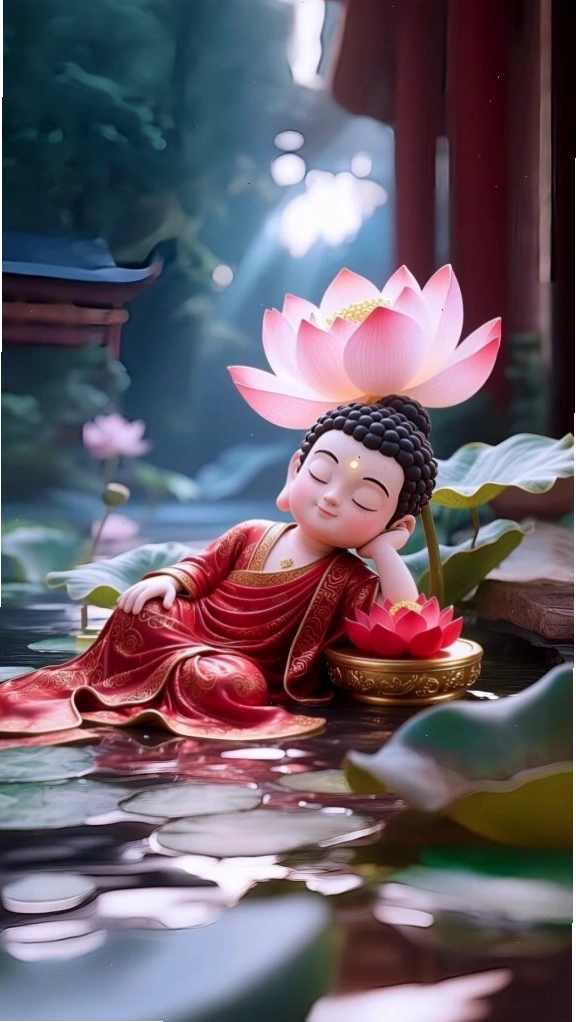 Chú tiểu an nhiên được đài sen nâng đỡ 3D