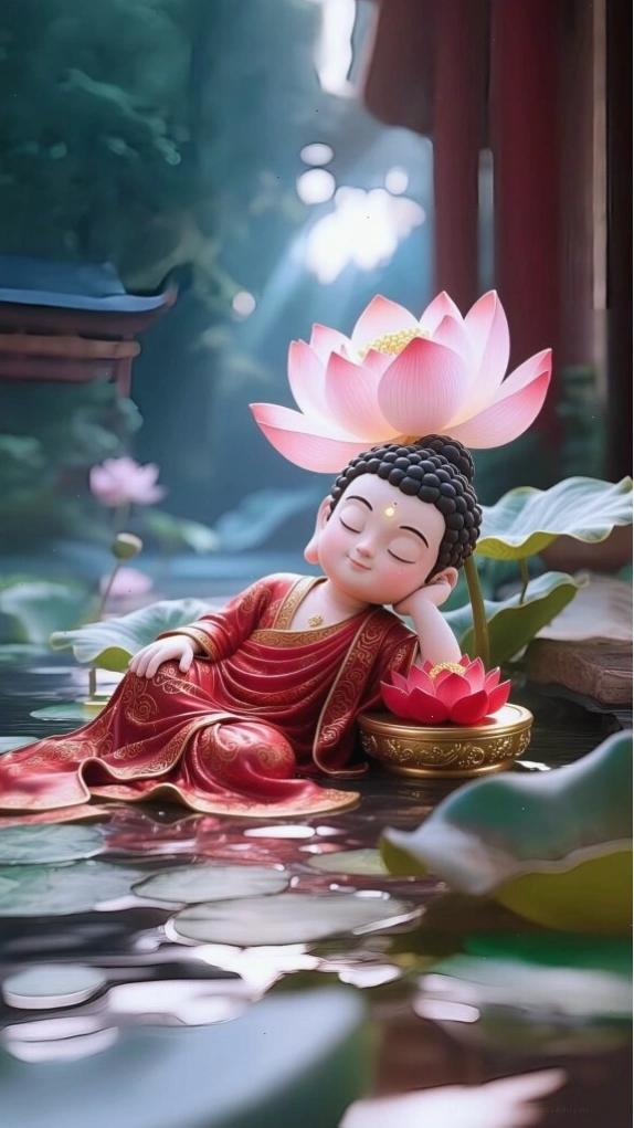 Chú tiểu được đài sen nâng đỡ trong không gian 3D, hình ảnh mang tính biểu tượng
