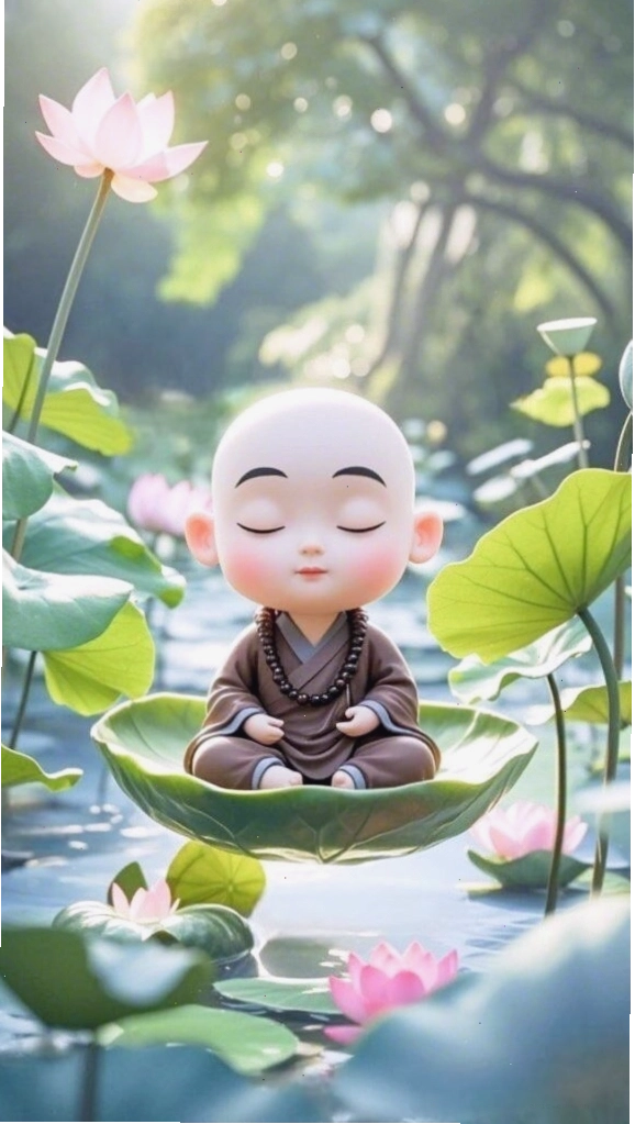 Chú tiểu ngồi thiền giữa khung cảnh hoa sen thơ mộng