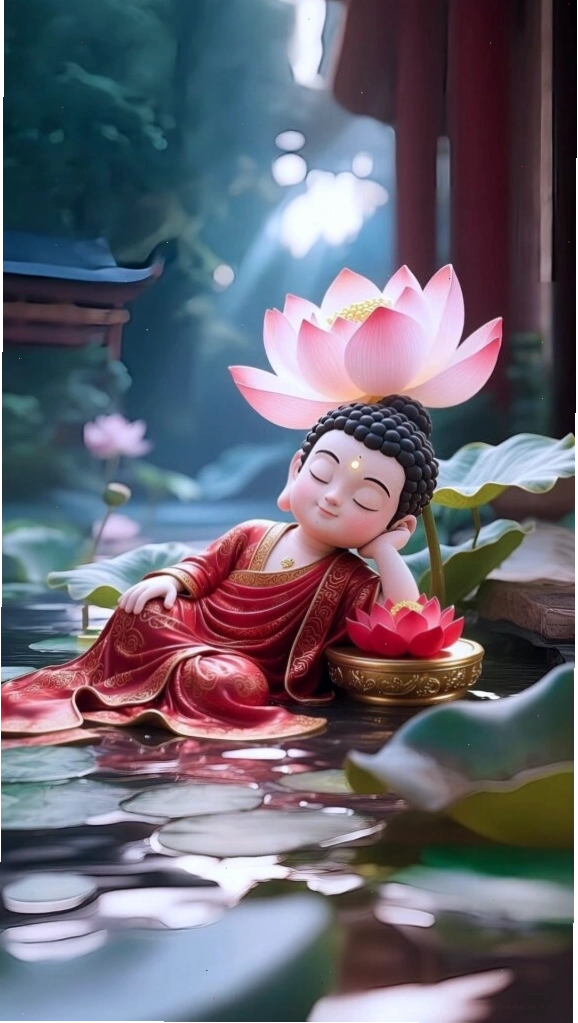 Chú tiểu nhỏ an nhiên được đóa sen nâng đỡ