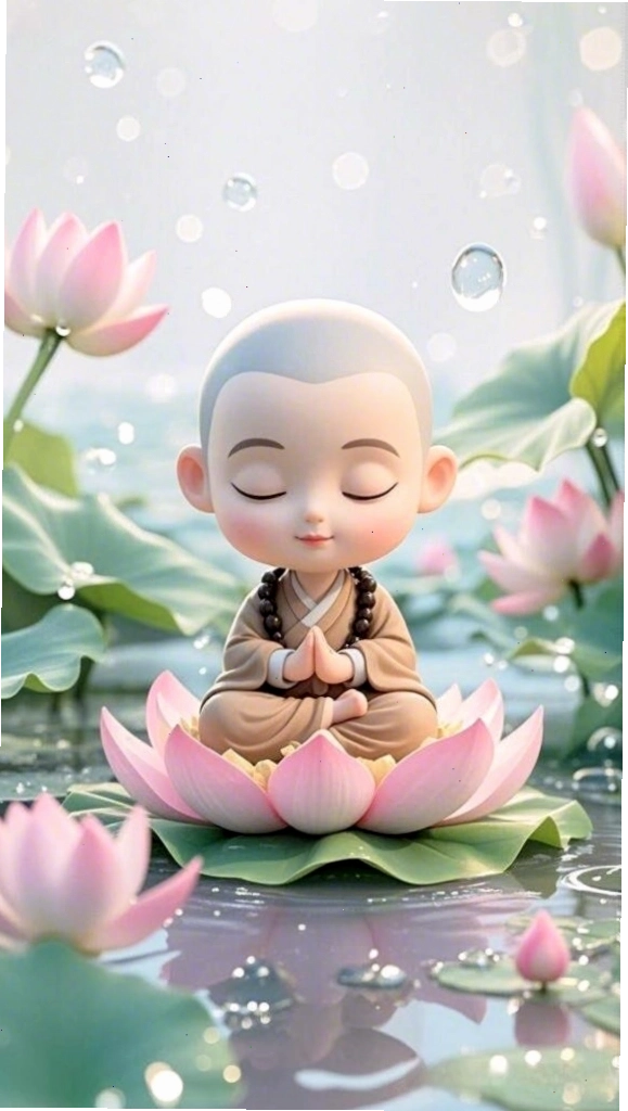 Chú tiểu ôm đóa sen, ánh mắt an lạc, thể hiện sự bình yên nội tâm