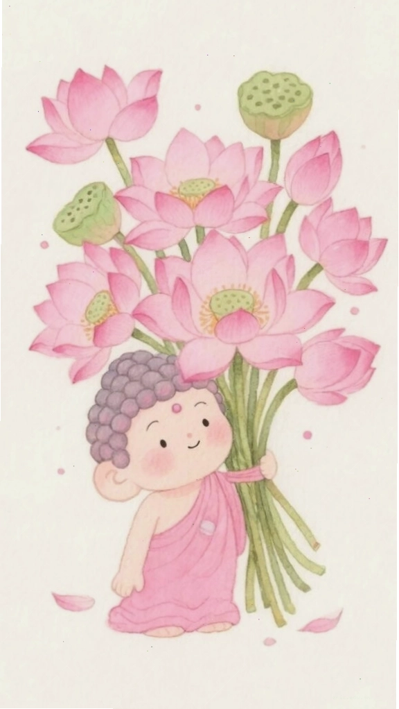 Chú tiểu ôm đóa sen, khuôn mặt thanh thản, gợi lên sự bình yên tuyệt đối