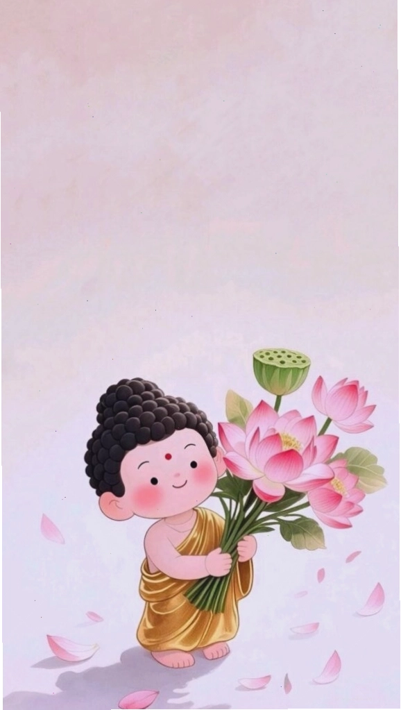 Chú tiểu ôm phúc với đóa sen tươi thắm, mang ý nghĩa may mắn và an lành