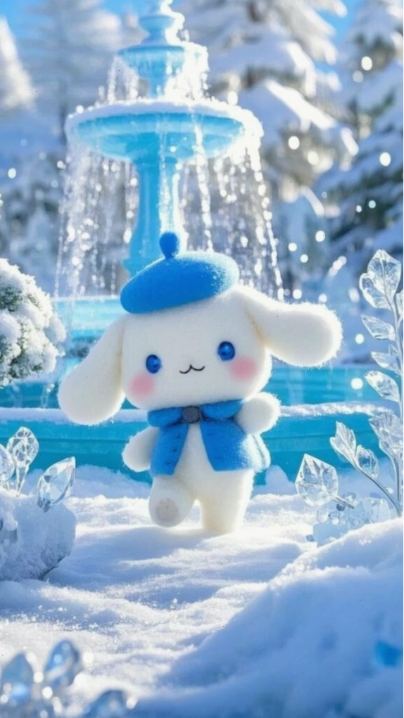 Cinnamoroll đứng dưới vòi nước trong khung cảnh mùa đông
