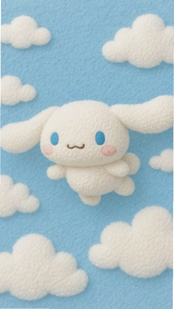 Cinnamoroll giữa những đám mây bông trên nền xanh pastel
