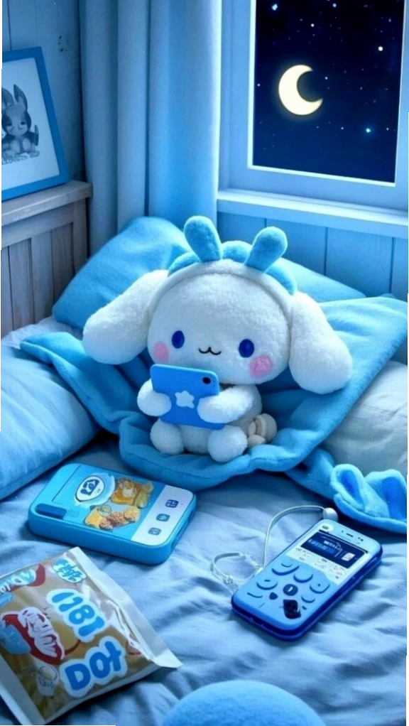 Cinnamoroll nằm trên giường ấm áp trong đêm yên bình