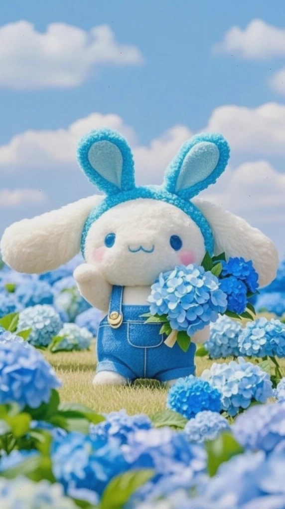 Cinnamoroll ôm hoa cẩm tú cầu giữa trời trong xanh