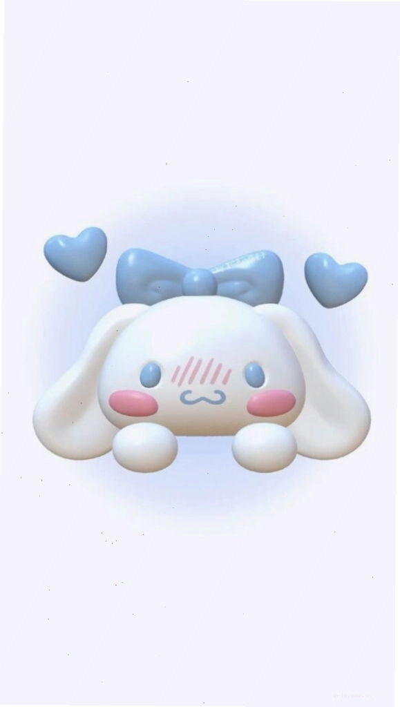 Cinnamoroll trắng nổi bật trên nền đơn giản với má hồng và tim bay