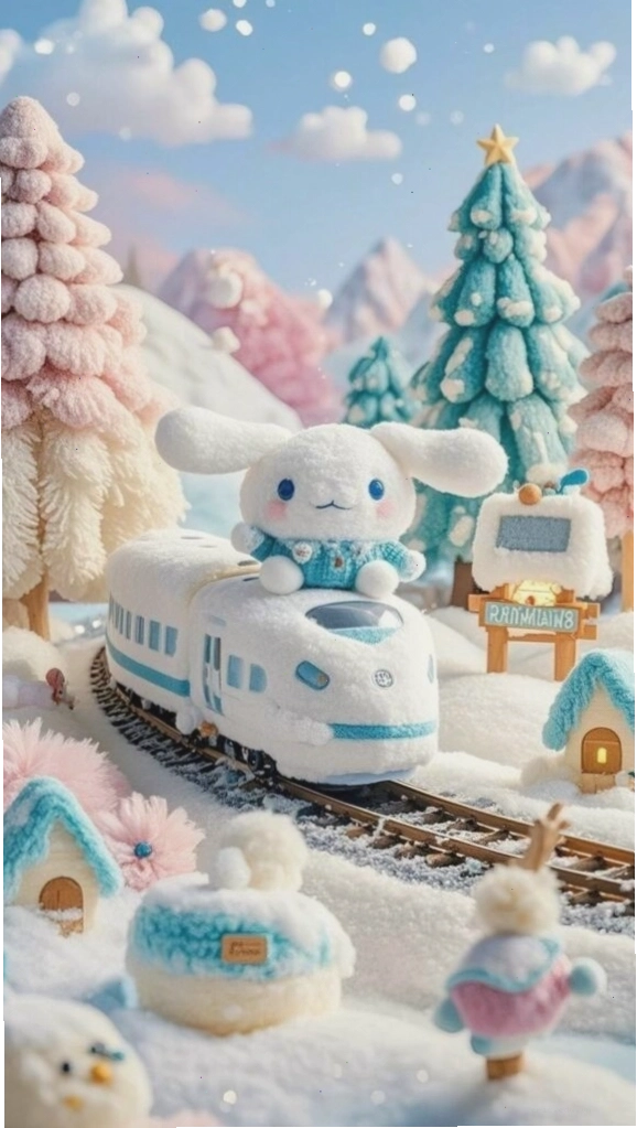 Cinnamoroll trên tàu tuyết chạy trong khung cảnh cổ tích