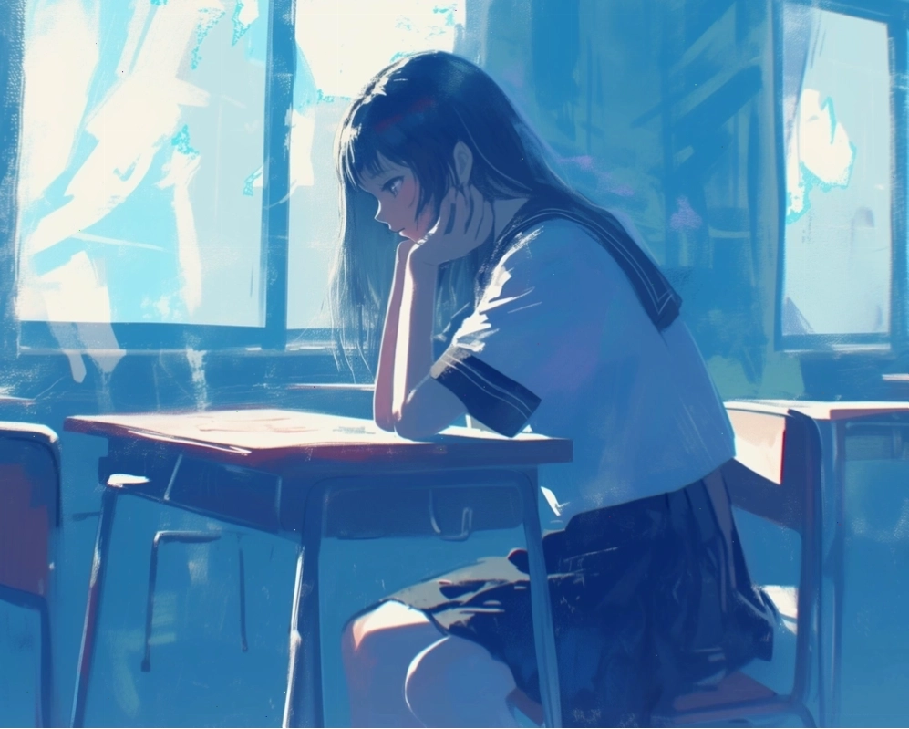 Cô gái anime khóc một mình trong căn phòng tối
