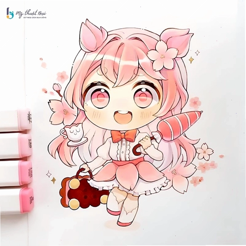 Cô gái chibi với mái tóc dài và trang phục màu hồng