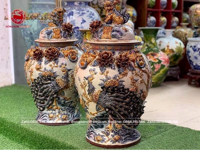 Đôi chóe phong thủy đắp nổi công đào cao 75 cm
