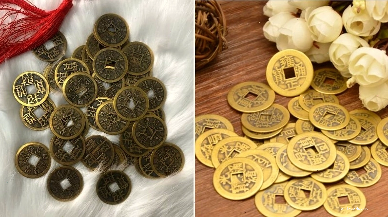 Đồng xu phong thủy trên bàn làm việc