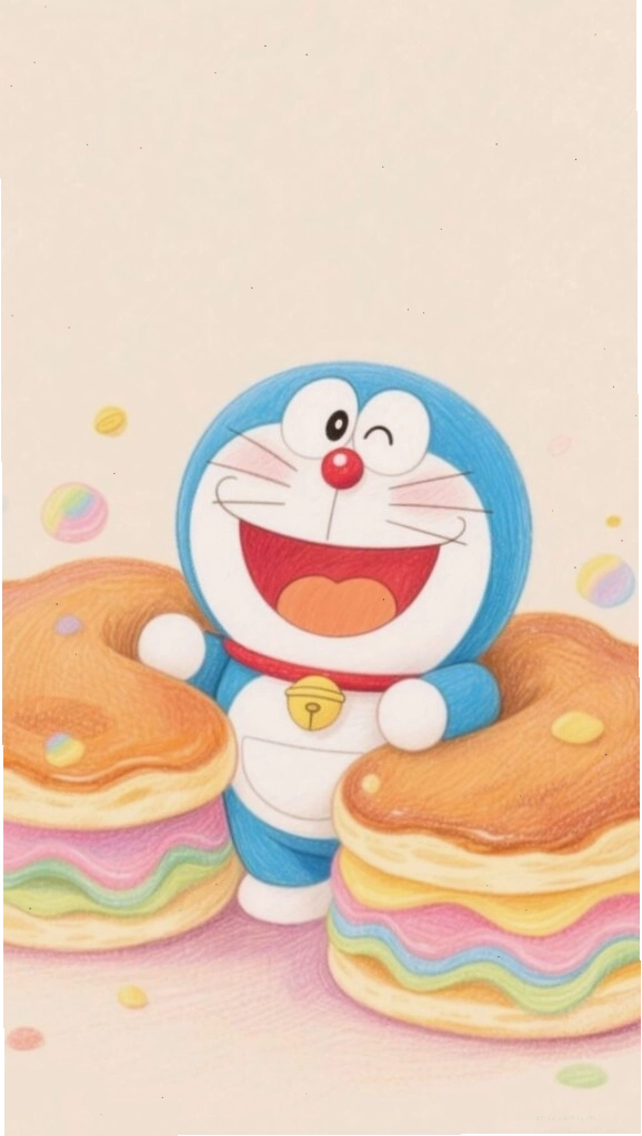 Doraemon bên đĩa bánh rán, hình nền dễ thương