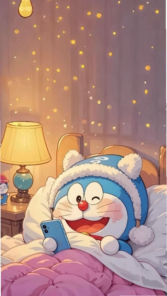 Doremon cuộn tròn trên giường mơ màng trên hình nền máy tính