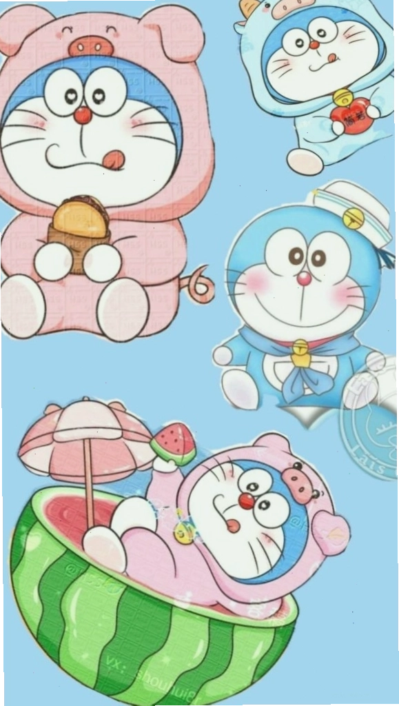 Doremon và nhóm bạn chibi tắm mát trong dưa hấu trên hình nền máy tính
