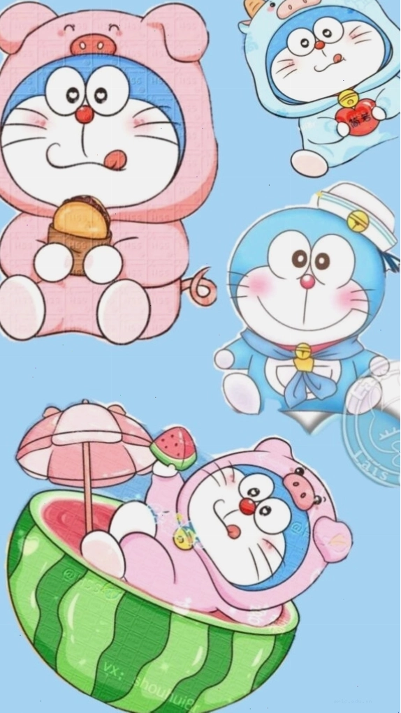 Doremon và nhóm bạn chibi tắm trong dưa hấu, hình nền ngộ nghĩnh