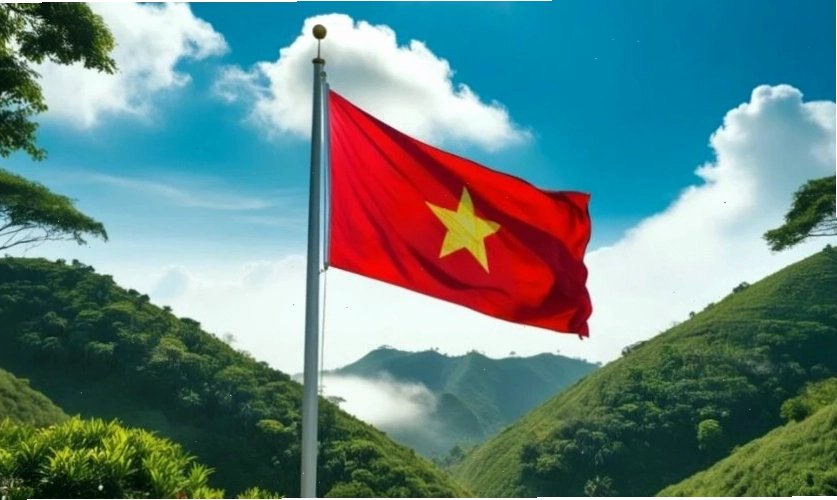 Hình ảnh lá cờ Việt Nam bay trên nền đất trời