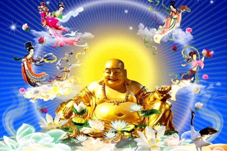 Hình ảnh Phật Di Lặc với túi gấm và như ý