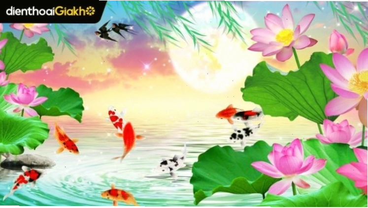 Hình nền cá chép hóa rồng 3D rực rỡ sắc màu trên nền nước xanh thẳm