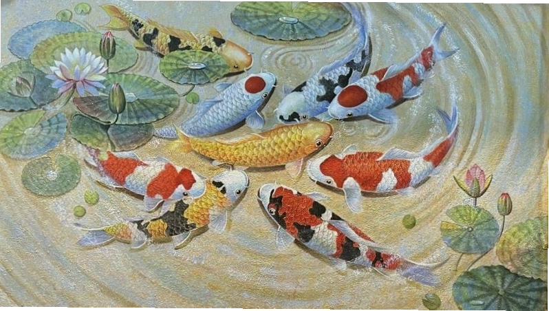 Hình nền cá chép hoa sen màu xanh dương mang đến sự tĩnh lặng