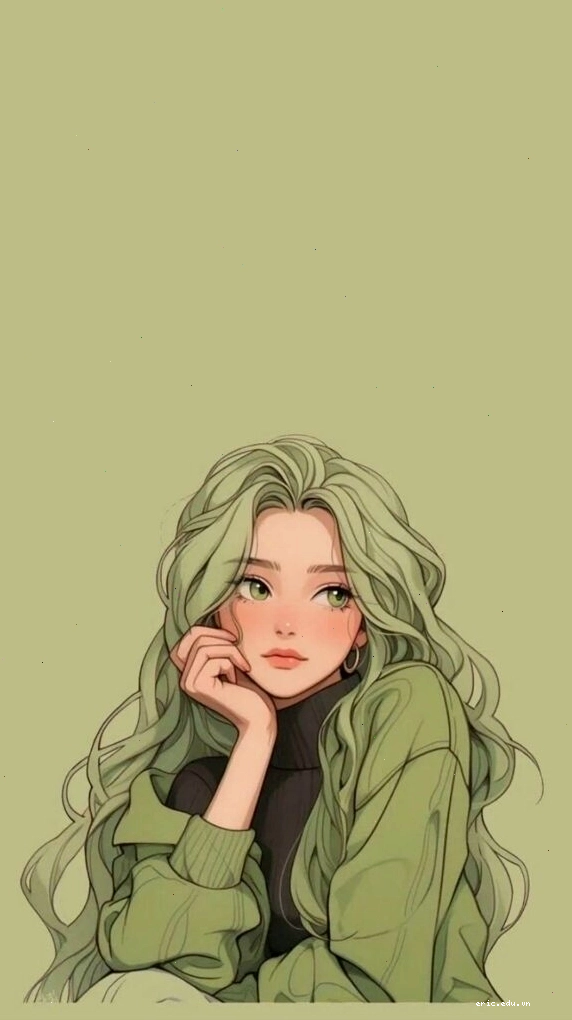 Hình nền cô gái tóc xanh rêu ngồi chống cằm với phong cách anime dễ thương