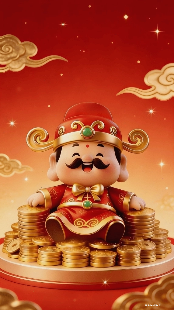 Hình nền Ông Thần Tài ngồi trên núi tiền hút tài lộc
