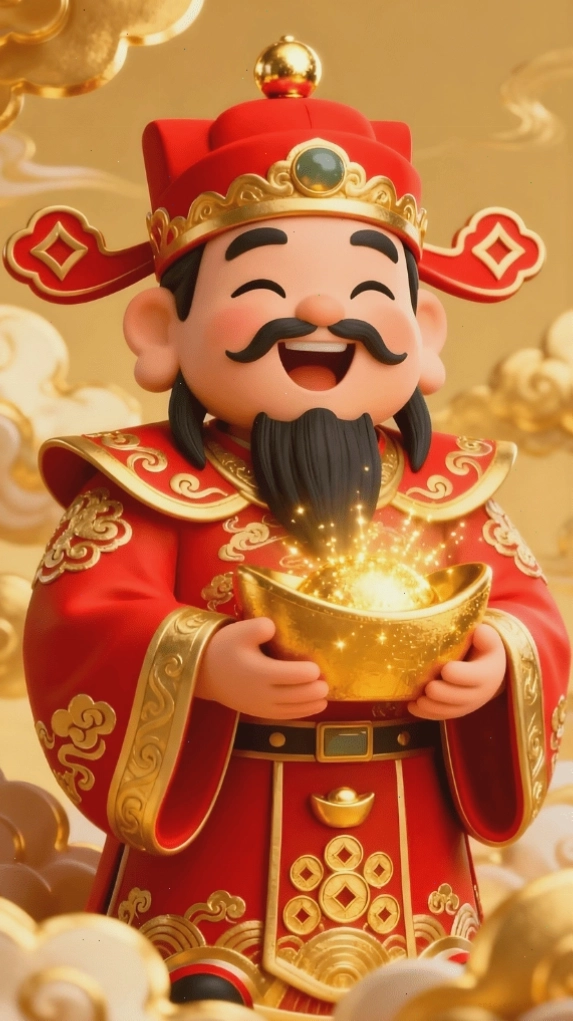 Hình nền vị Thần Tài cười rạng rỡ cầm thỏi vàng