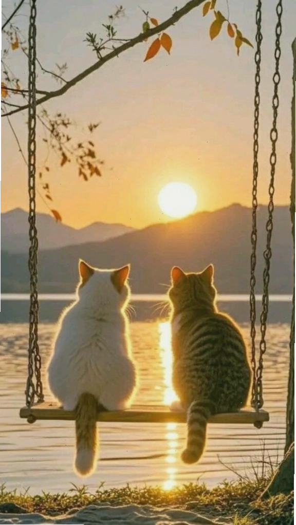 Hoàng hôn lãng mạn bên đôi mèo tình tứ làm hình nền