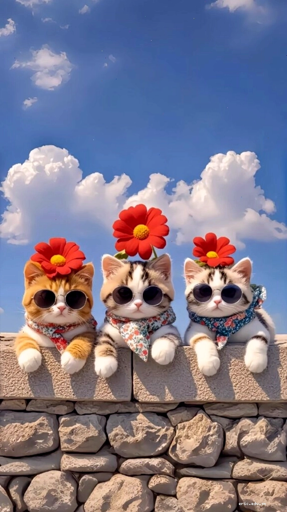 Hội mèo đáng yêu ngồi trên tường đá làm hình nền