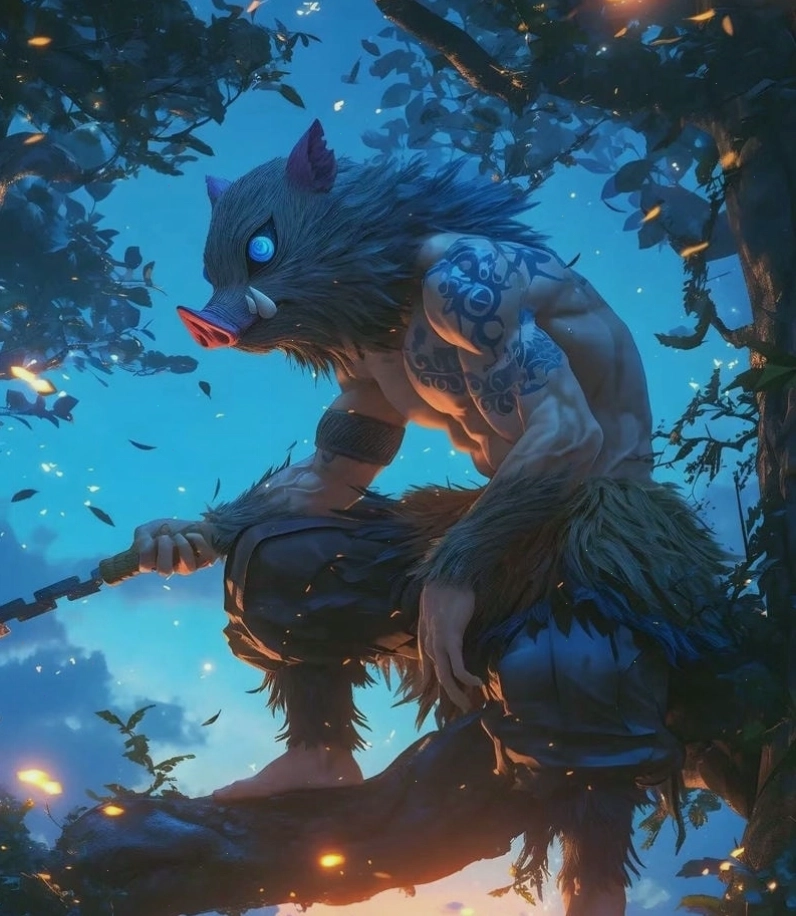 Inosuke Hashibira cầm song kiếm trong anime Thanh Gươm Diệt Quỷ