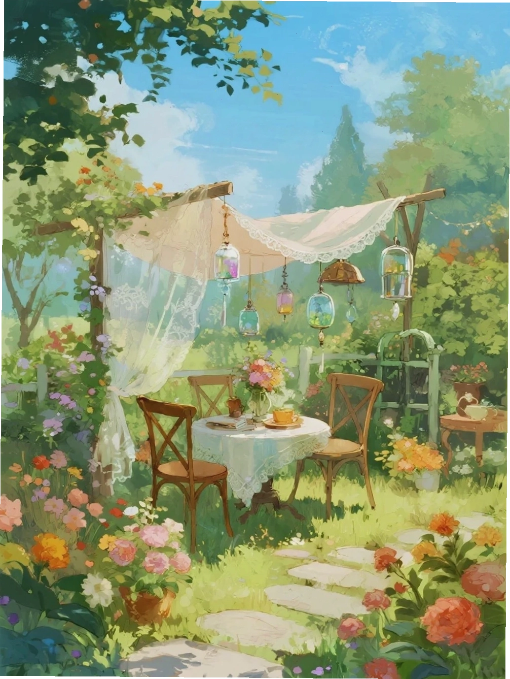 Mẫu vẽ vườn hoa anime với nhiều loài hoa khác nhau