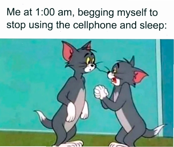 Meme Tom and Jerry hài hước về việc thức khuya sử dụng điện thoại
