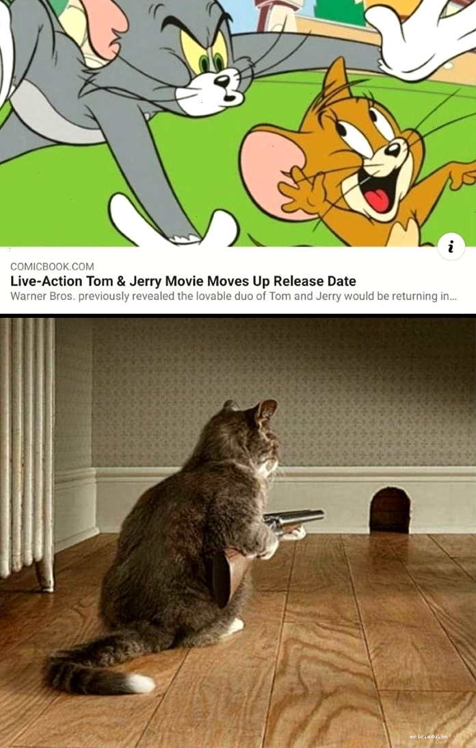 Meme Tom and Jerry với hình ảnh mèo cầm súng