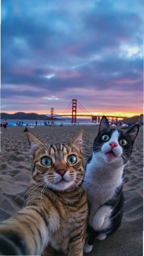 Mèo chụp selfie dưới ánh hoàng hôn làm hình nền máy tính