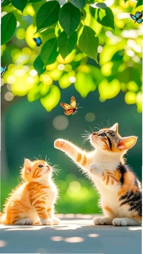 Mèo mẹ con đùa giỡn trong vườn làm hình nền máy tính ấm áp