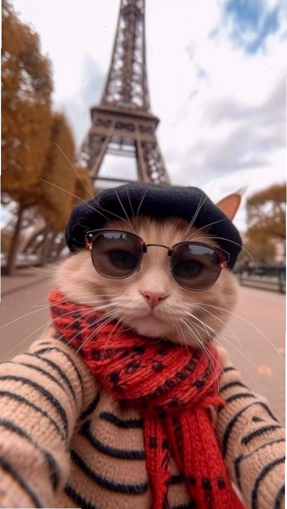 Mèo Paris lịch lãm với tháp Eiffel làm hình nền