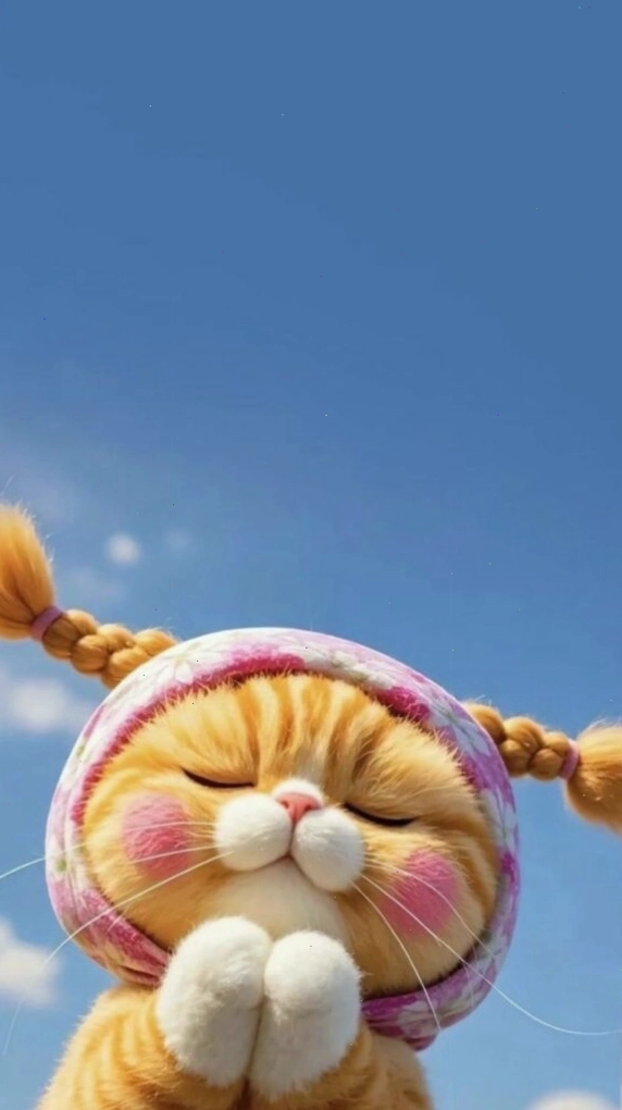 Mèo ú dễ thương dưới bầu trời xanh thẳm làm hình nền máy tính